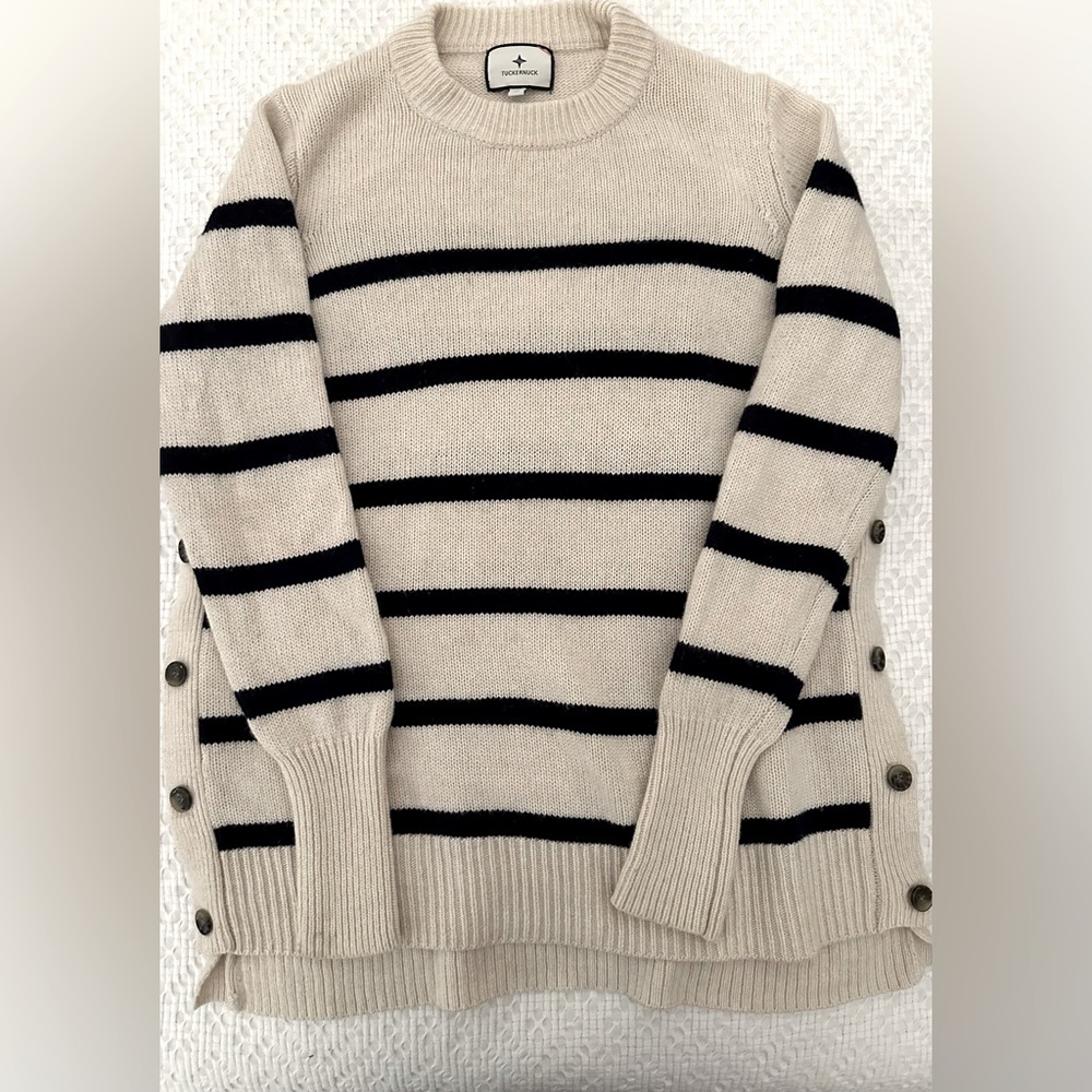 Tuckernuck Bar Harbor Oatmeal/Navy Striped Sweater in Wool/Cashmere/Viscose XS - Picture 2 of 9